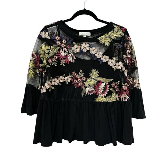 Eri + Ali for Anthropologie Top Black mesh Size S floral embroidery multicolor - Picture 3 of 8
